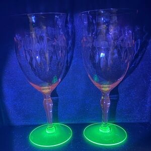 Vintage Pink & Green Watermelon Wine Glass Optic Etched Depression Glass Uranium